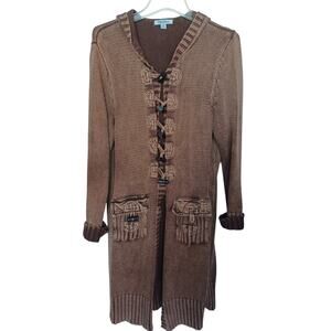 PBJ Blues Brown Hooded Knit Long Cardigan Toggle Closure Size Large Boho Rustic